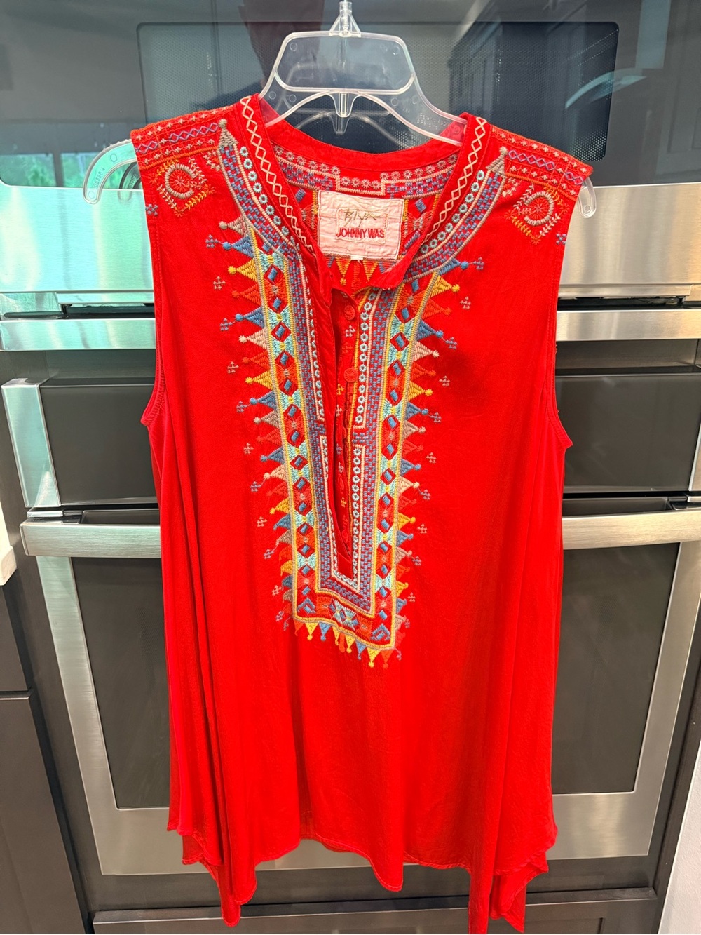 Johnny Was Red Sleeveless Embroidered Tunic with Multicolor Placket - Med